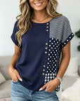 Navy Charm Mixed Print Button Accent Top