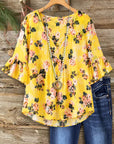 Golden Garden Pleated V-Neck Blouse