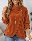 Corduroy Cowl Neck Button Top