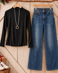 Lettuce Trim Mock Neck Long Sleeve Top