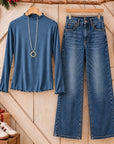 Lettuce Trim Mock Neck Long Sleeve Top
