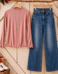 Lettuce Trim Mock Neck Long Sleeve Top