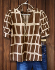 Cocoa Grid Puff Sleeve Top