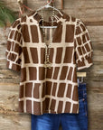 Cocoa Grid Puff Sleeve Top
