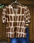 Cocoa Grid Puff Sleeve Top
