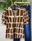 Cocoa Grid Puff Sleeve Top