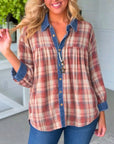 Plaid Cotton Button-Up Shirt with Denim Collar