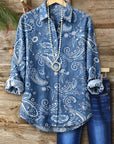 Paisley Print Roll-Tab Sleeve Button-Up Shirt
