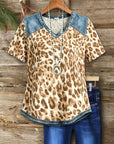 Leopard V-Neck Denim Trim Tee