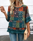 Patchwork Fringe Bell Sleeve Top