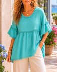 Aqua Fringe Trim Flutter Sleeve Blouse