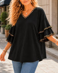 Leopard Trim Tiered Sleeve V-Neck Tee