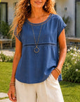 Denim Eyelet Trim Cap Sleeve Top