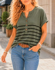 Button-Front Split Neck Striped Tee