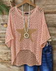 Open-Knit Star Patch Crochet Sweater Top