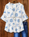 Ruffle V-Neck Seashell Print Blouse