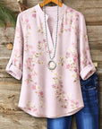 Split Neck Floral Roll-Tab Blouse