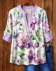3/4 Sleeve Notch Neck Watercolor Floral Top