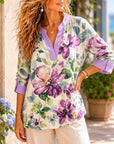 3/4 Sleeve Notch Neck Watercolor Floral Top