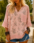 Patchwork Mesh Trim Paisley Top - Blush