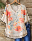 Floral Print Frayed Trim V-Neck Blouse