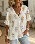 Ruffle V-Neck Floral Print Blouse