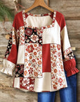Floral Print Patchwork Square Neck Ruffle Cuff Blouse