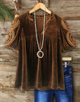 Floral Embroidery Velvet Puff Sleeve Top