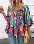 Abstract Print Flounce Sleeve Blouse