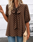 Polished Polka Dot Tie Neck Blouse