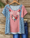 Rustic Floral Embroidered Gingham Star Print Top