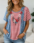 Rustic Floral Embroidered Gingham Star Print Top