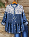 Whimsical Floral Star Print Tencel Denim Panel Top