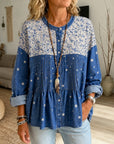 Whimsical Floral Star Print Tencel Denim Panel Top