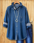 Relaxed Denim Contrast Cuff Tunic Shirt