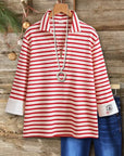 Striped Print Zip Neck 3/4 Sleeve Tunic Top