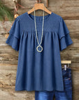 Linen Blend Babydoll Top Smocked Neck Short Sleeve
