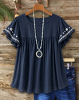 Embroidery Detail Ruffle Sleeve Babydoll Top with Round Neck