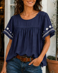 Embroidery Detail Ruffle Sleeve Babydoll Top with Round Neck