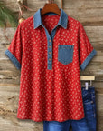 Patchwork Denim Henley Neck Short Sleeve Tunic Top