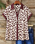 Leopard Print Button Up Collared Short Sleeve Top