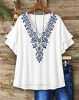 Floral Embroidery V-Neck Ruffle Sleeve Tunic