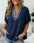 Patchwork Trim V-Neck Short Sleeve Tunic Top