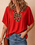 Leopard Patchwork V-Neck Puff Sleeve Tunic
