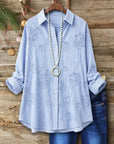Floral Embroidery Button Front Long Sleeve Blouse