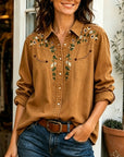 Western Style Floral Embroidery Denim Blouse