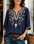 Floral Embroidery V Neck Blouse Top