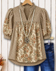 Floral Print Patchwork Puff Sleeve Babydoll Top