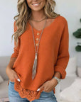 Waffle Knit V-Neck Lace Hem Tunic