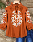Plaid Appliqué Embroidery Ruffle Neck Blouse